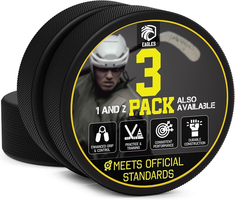 Eagle's Ice Hockey Pucks 1, 2, 3, 6 or 50 Pack | High Grade Pucks Official Regulation Weight & Size for Practice & Classic Training - 6 oz Diameter 3" Thickness 1" Black Hockey Puck Roller Hockey - Image 1